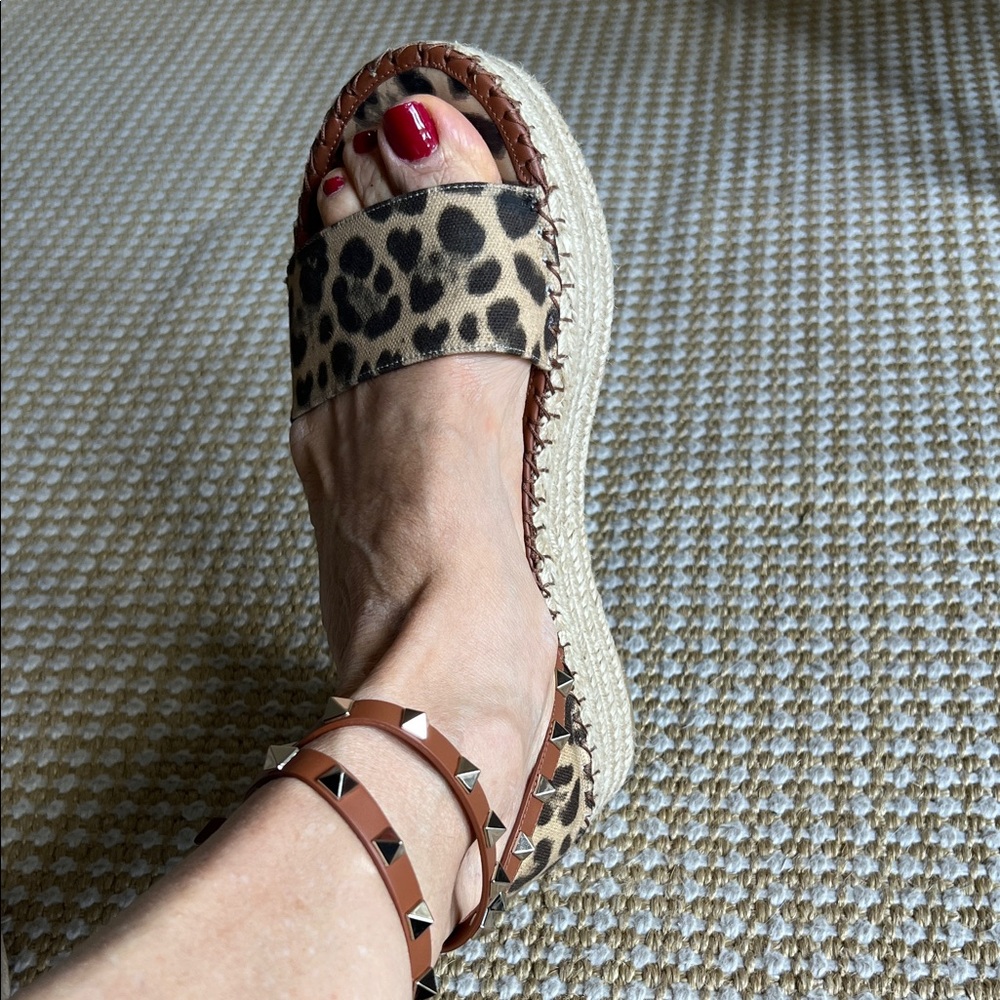 Valentino Garavani Leopard Print Espadrille with Brown Studded Ankle Straps